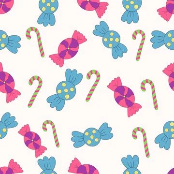 Colorful seamless pattern with multi-colored candies, on a light background. Stock Illustration