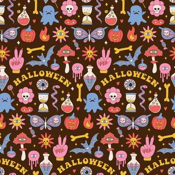 Colorful seamless pattern with mushrooms, ghost, pumpkin and magic potion Stock Illustration