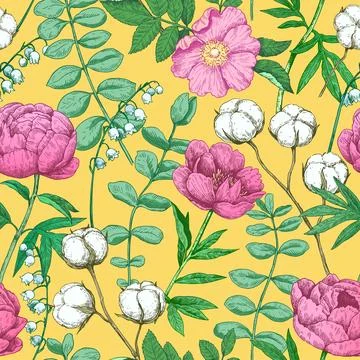Colorful seamless pattern with peony and eucalyptus in victorian engraving .. Stock Illustration