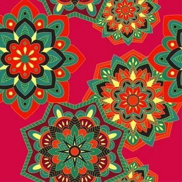Colorful seamless pattern with plants and floral elements. Bright psychedelic Stock-Illustration