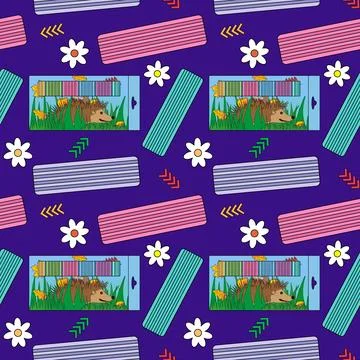 Colorful seamless pattern with plasticine bars, flower elements, and hedgeh.. Stock Illustration