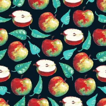 Colorful seamless pattern with ripe apples. Oil painting. Illustrazione stock