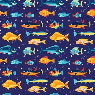 Colorful seamless pattern with sea fish of different colors. Stock Illustration