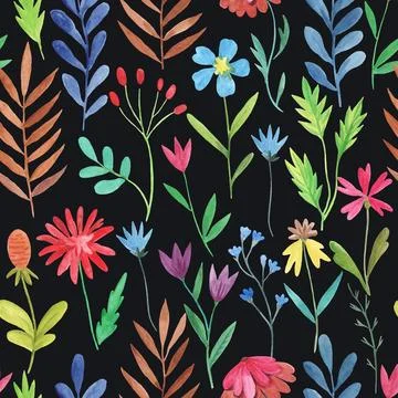 Colorful seamless pattern with simple doodle floral elements. Watercolor ha.. Stock Illustration