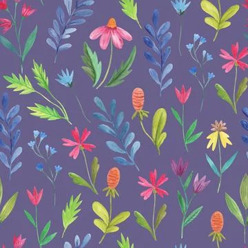 Colorful seamless pattern with simple doodle floral elements. Watercolor ha.. イラスト素材