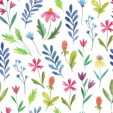 Colorful seamless pattern with simple doodle floral elements. Watercolor ha.. Illustrazione stock