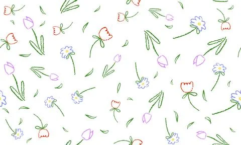 Colorful seamless pattern with simple flowers. Bloom botanical elements drawing Stock Illustration