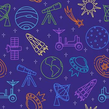 Colorful seamless pattern with space icons in thin line style Stock Illustration