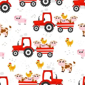 Colorful seamless pattern with tractor with farm animals - cows and pigs, chi Illustrazione stock