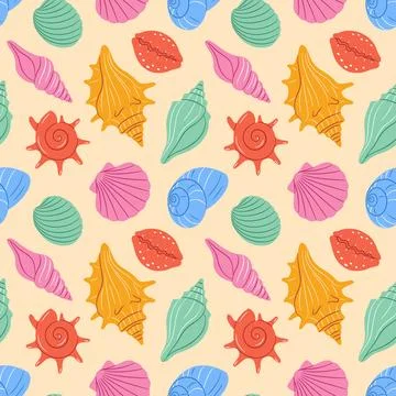 Colorful seamless pattern of various flat style cartoon seashells on sand b.. Illustrazione stock