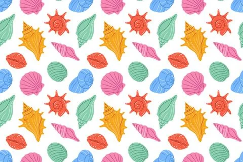 Colorful seamless pattern of various flat style cartoon seashells on white .. 스톡 일러스트