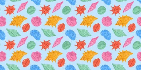 Colorful seamless pattern of various flat style cartoon seashells on blue b.. 스톡 일러스트