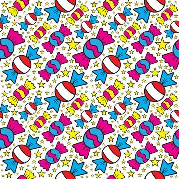 Colorful seamless pattern with various sweet candies and star shapes elemen.. Stock-Illustration