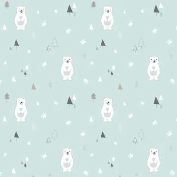 Colorful seamless pattern of white bears, blue fir-trees. Stock Illustration