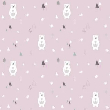 Colorful seamless pattern of white bears, fir-trees. Stock Illustration