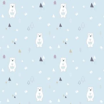 Colorful seamless pattern of white bears, blue fir-trees. Stock Illustration