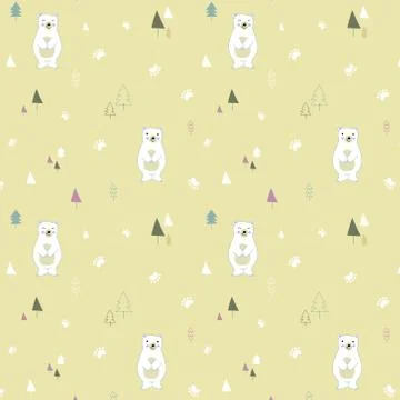 Colorful seamless pattern of white bears, fir-trees. Stock Illustration