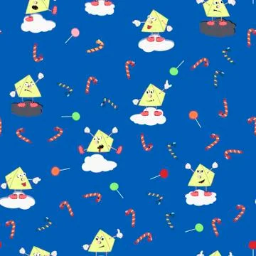 Colorful seamless patterns with sweets and cartoon pyramids on the clouds. Tr Stock Illustration