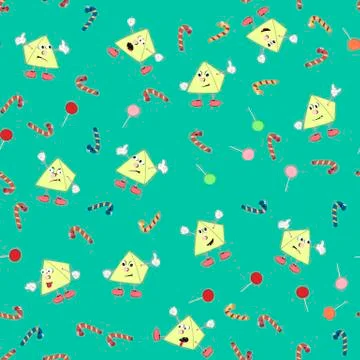 Colorful seamless patterns with sweets and cartoon pyramids showing emotions. Stock Illustration