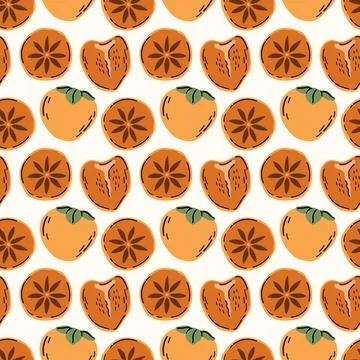 Colorful Seamless Persimmon Pattern with Whole and Sliced Fruits Stock Illustration