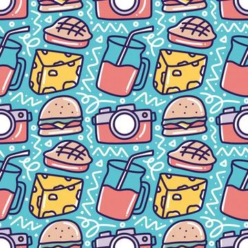 Colorful seamless picnic elements pattern doodles Stock Illustration
