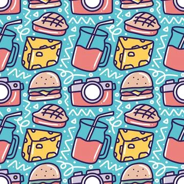 Colorful seamless picnic elements pattern doodles Stock Illustration
