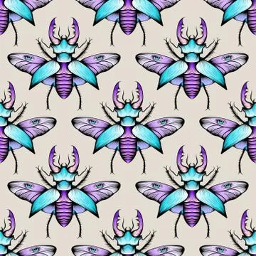 Colorful seamless stag beetles pattern background Stock Illustration