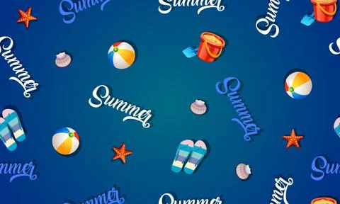 Colorful seamless summer pattern with beach elements on blue background. Stock Illustration