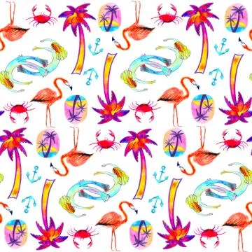 Colorful seamless summer pattern with bright hand drawn beach elements. Tropi 스톡 일러스트