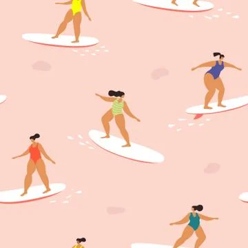 Colorful seamless summer pattern with cute women surfing. Stock Illustration