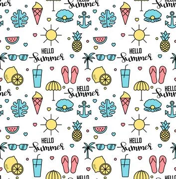 Colorful seamless summer pattern with hand drawn beach elements such as sungl Illustrazione stock