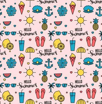 Colorful seamless summer pattern with hand drawn beach elements such as sungl Illustrazione stock