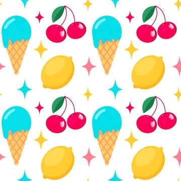 Colorful seamless summer pattern with ice cream, lemons, cherry and stars 스톡 일러스트