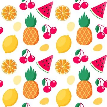 Colorful seamless summer pattern with lemons, cherry, pineapple and orange 스톡 일러스트