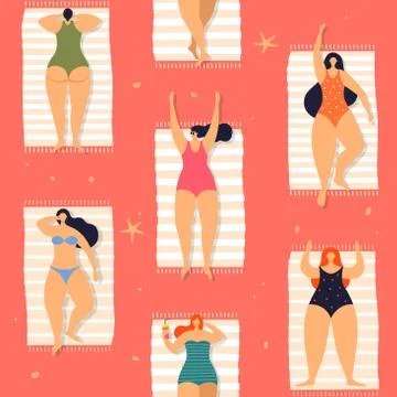 Colorful seamless summer pattern with sunbathing young beautiful women on beach. Stock Illustration