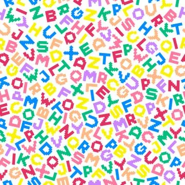 Colorful seamless vector alphabet pattern with pixel latin letters. Multicolor Stock Illustration