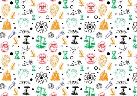 A colorful, seamless vector pattern, atoms, rockets, globes, clouds イラスト素材