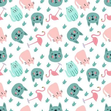 Colorful seamless vector pattern with cute animals and leaf Stock Illustration