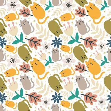 Colorful seamless vector pattern with cute animals and leaf イラスト素材