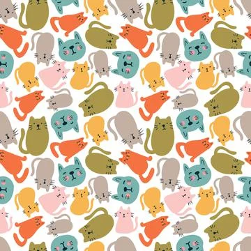 Colorful seamless vector pattern with cute cat animals Stock Illustration