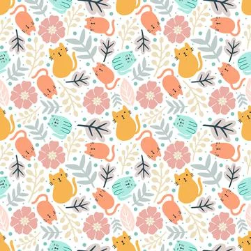 Colorful seamless vector pattern with cute animals and leaf Stock Illustration