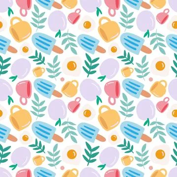 Colorful seamless vector pattern with dessert food and cup Stock Illustration