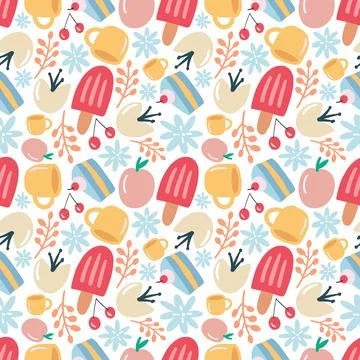 Colorful seamless vector pattern with dessert food and cup Stock Illustration