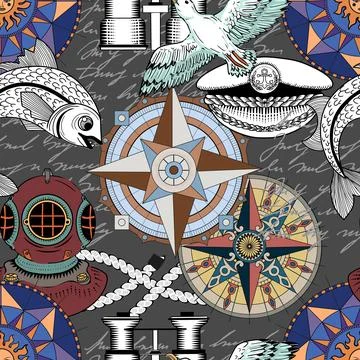 Colorful seamless vector pattern with fish, compass, marine objects Stock Illustration