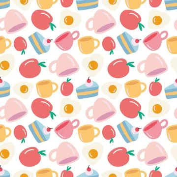 Colorful seamless vector pattern with food and cup Stock Illustration