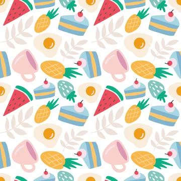 Colorful seamless vector pattern with food and cup Illustrazione stock