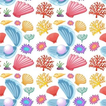Colorful Seashell and Coral Pattern Stock Illustration