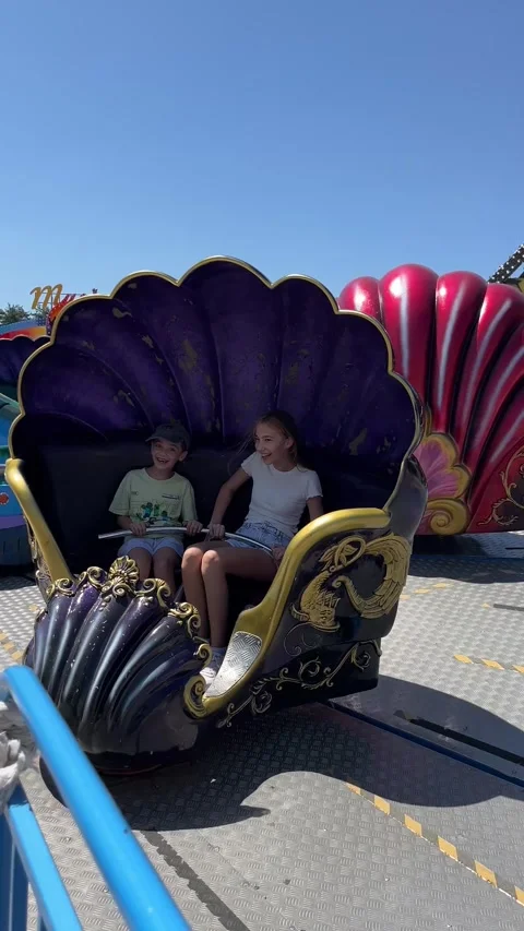 Colorful Seashell Carousel Ride Spinning at Amusement Park 4K Stock Footage 341699326