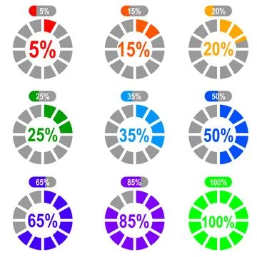 Colorful Segmented Circular Progress Bar Icons Set from 5% to 100% with Per.. Stock Illustration