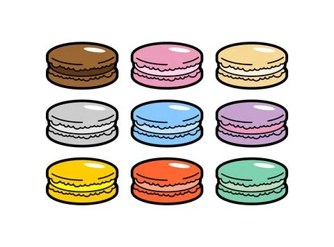 Colorful selection of macarons arranged in a grid on a white background Illustrazione stock